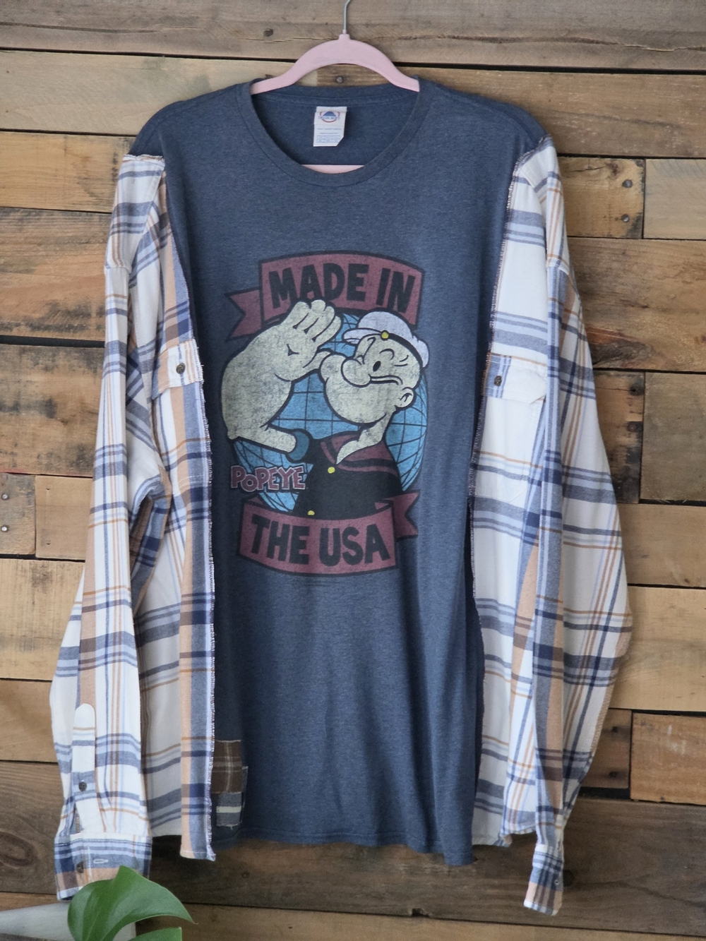 Upcyclef Popeye 'Made in the USA' Graphic T-Shirt With Plaid Long Sleeves